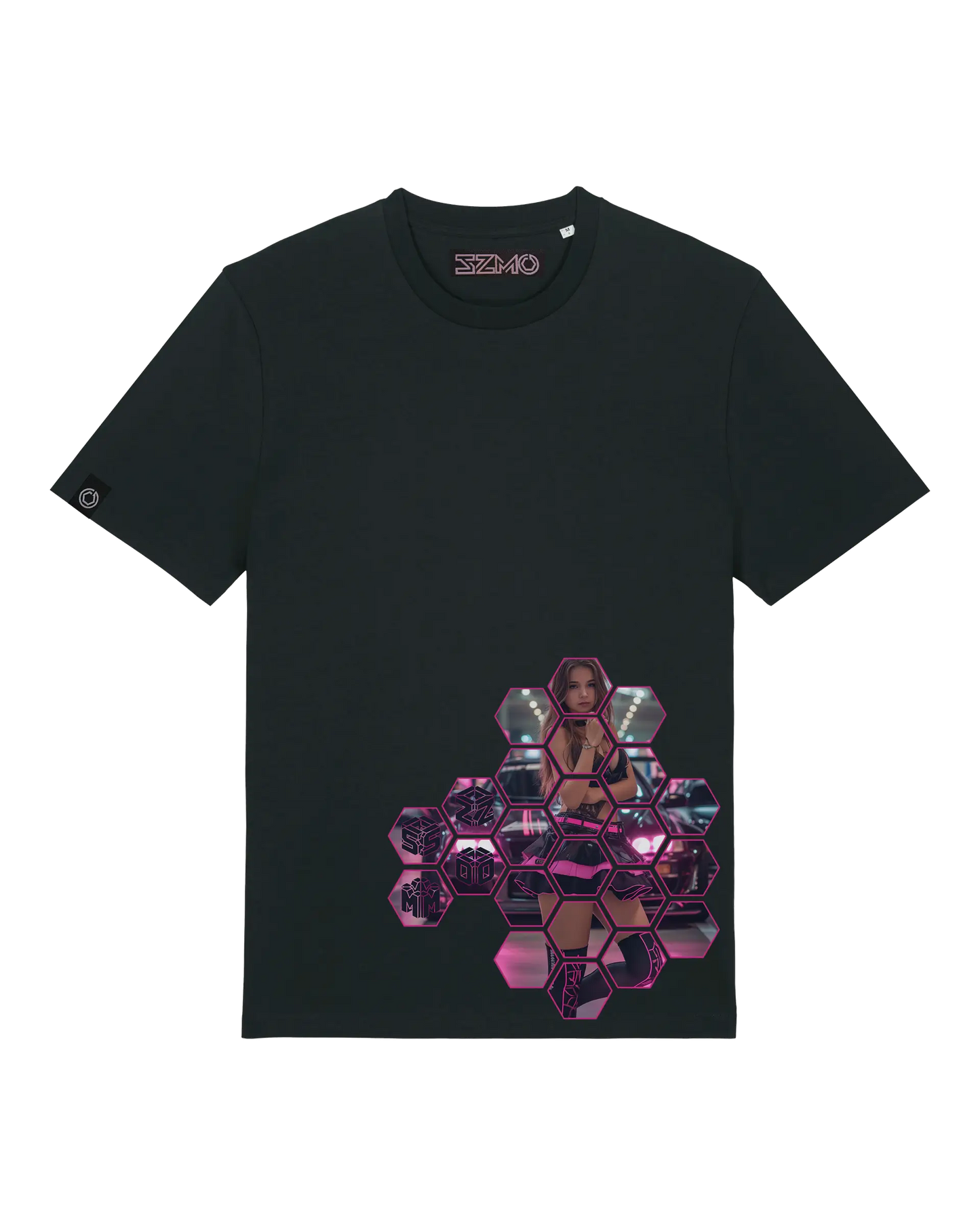 SZMO R34 Skyline T-Shirt Schwarz Pink JDM Streetwear Vorderansicht Detail