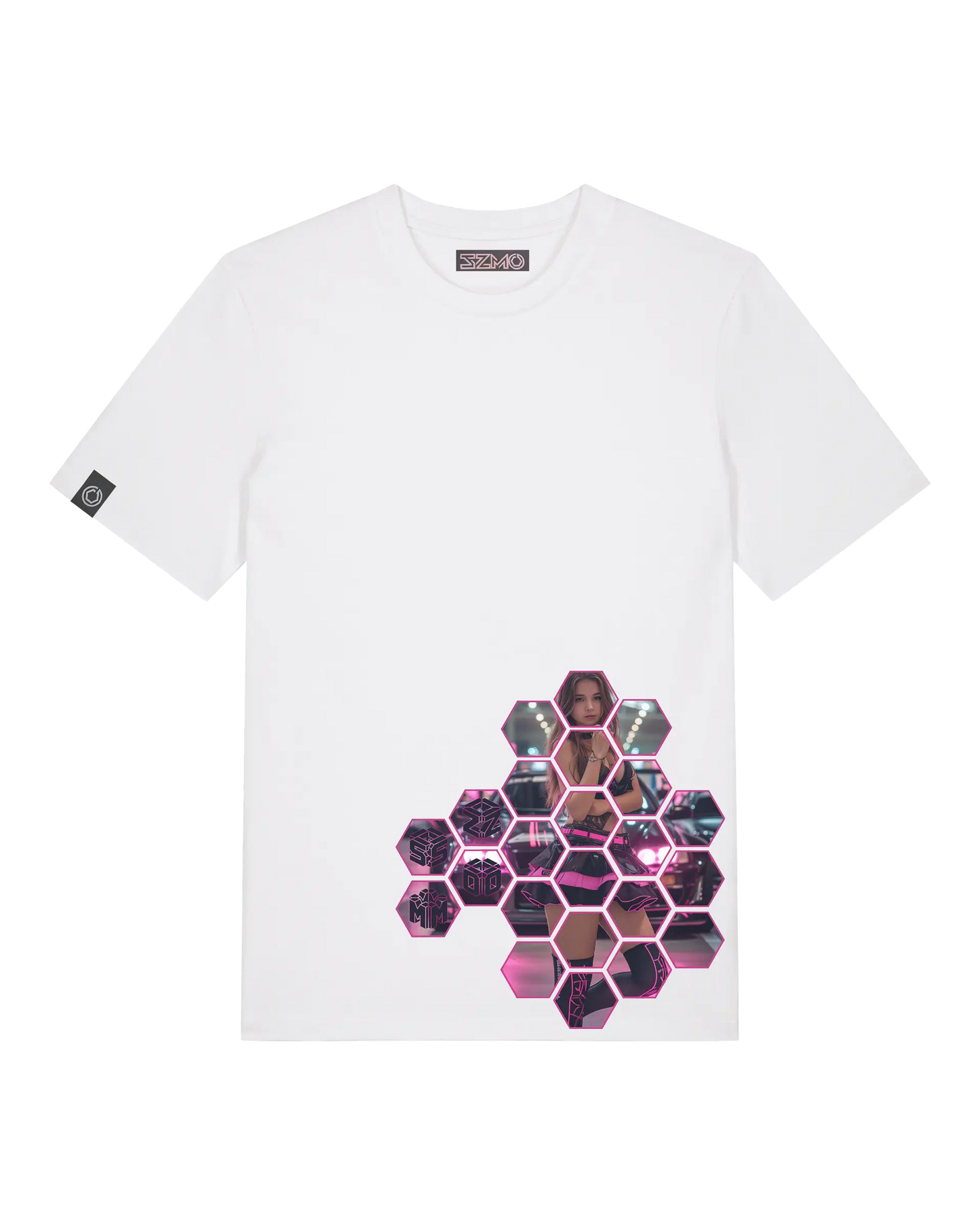 SZMO R34 Skyline T-Shirt Weiß Pink JDM Streetwear Vorderansicht Detail