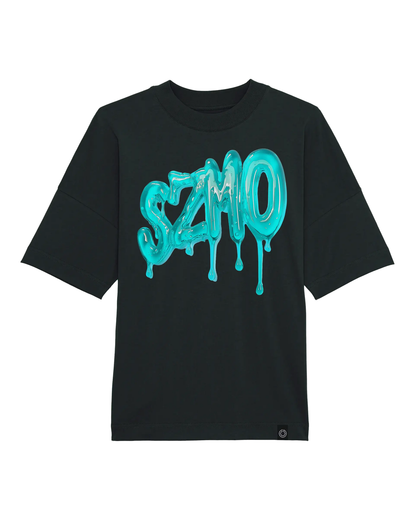 SZMO Logo T-Shirt Schwarz Multicolor Backprint Oversize Vorderansicht Detail