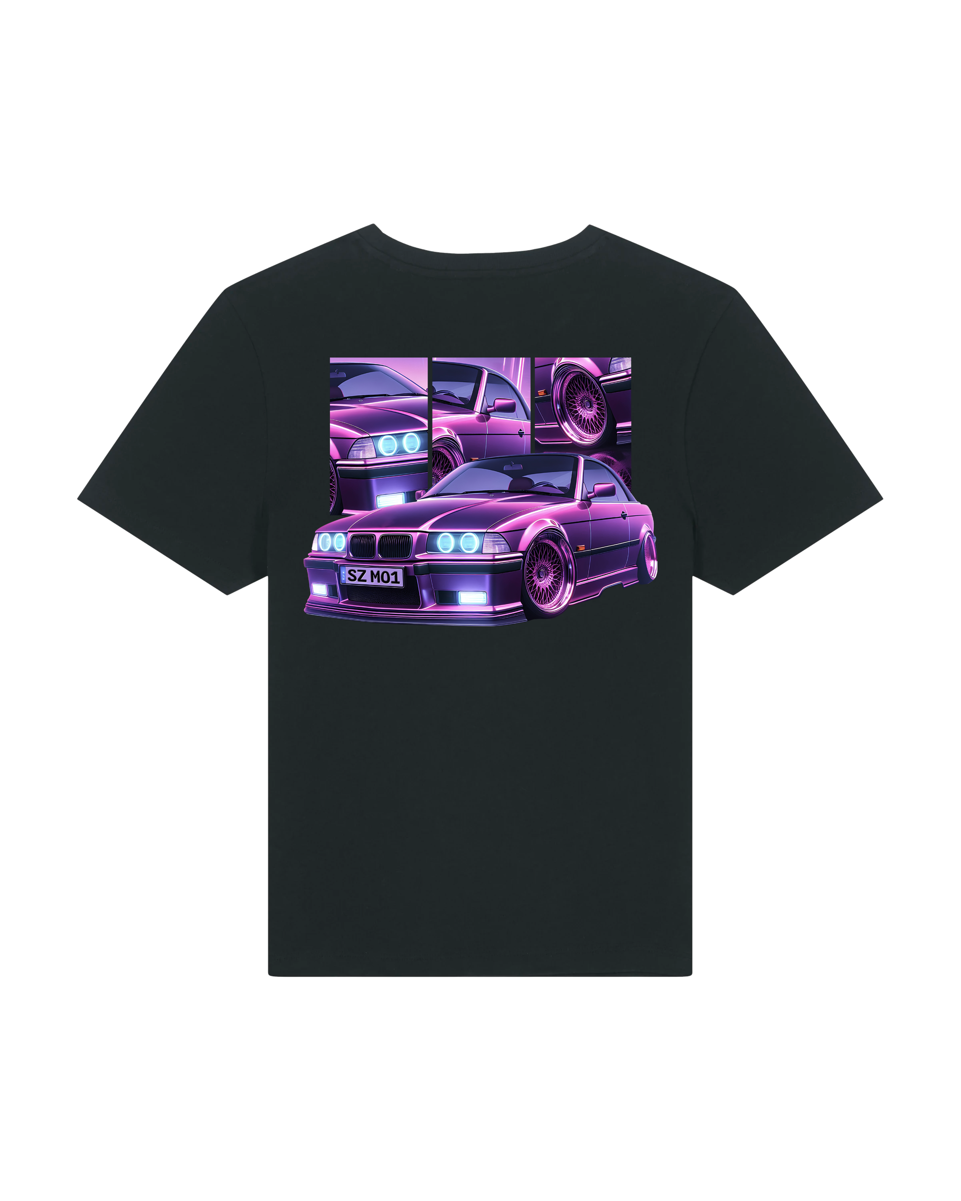 SZMO E36 Cabrio Damen T-Shirt Violett Youngtimer Tuning Mode Rückansicht Detail