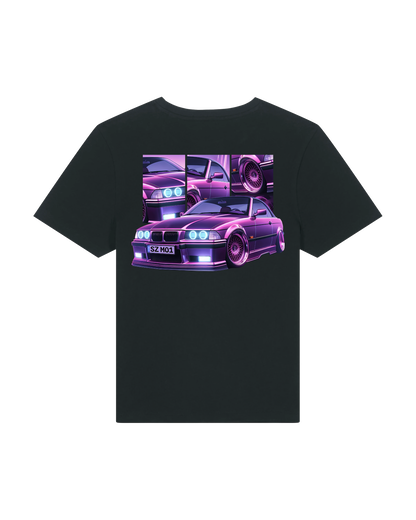 SZMO E36 Cabrio Damen T-Shirt Violett Youngtimer Tuning Mode Rückansicht Detail