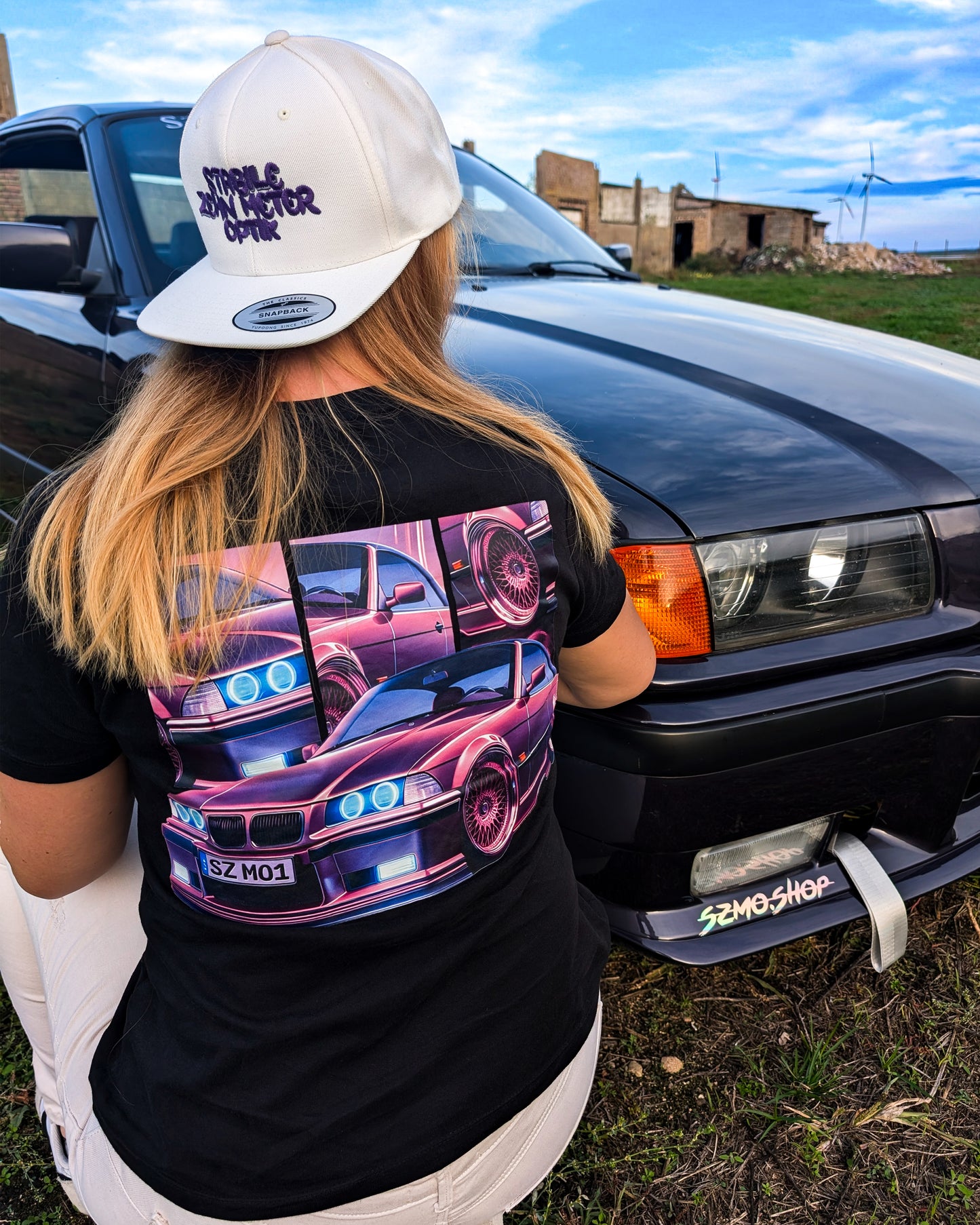 SZMO E36 Cabrio Damen T-Shirt Violett Youngtimer Tuning Mode Rückansicht