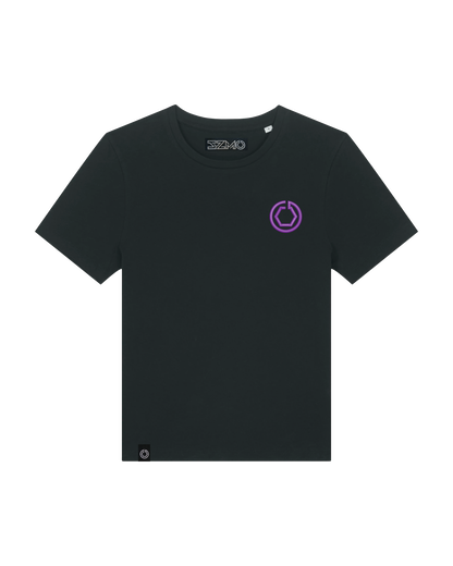 SZMO E36 Cabrio Damen T-Shirt  mit Stick auf der Brust Violett Youngtimer Tuning Mode Vorderansicht Detail