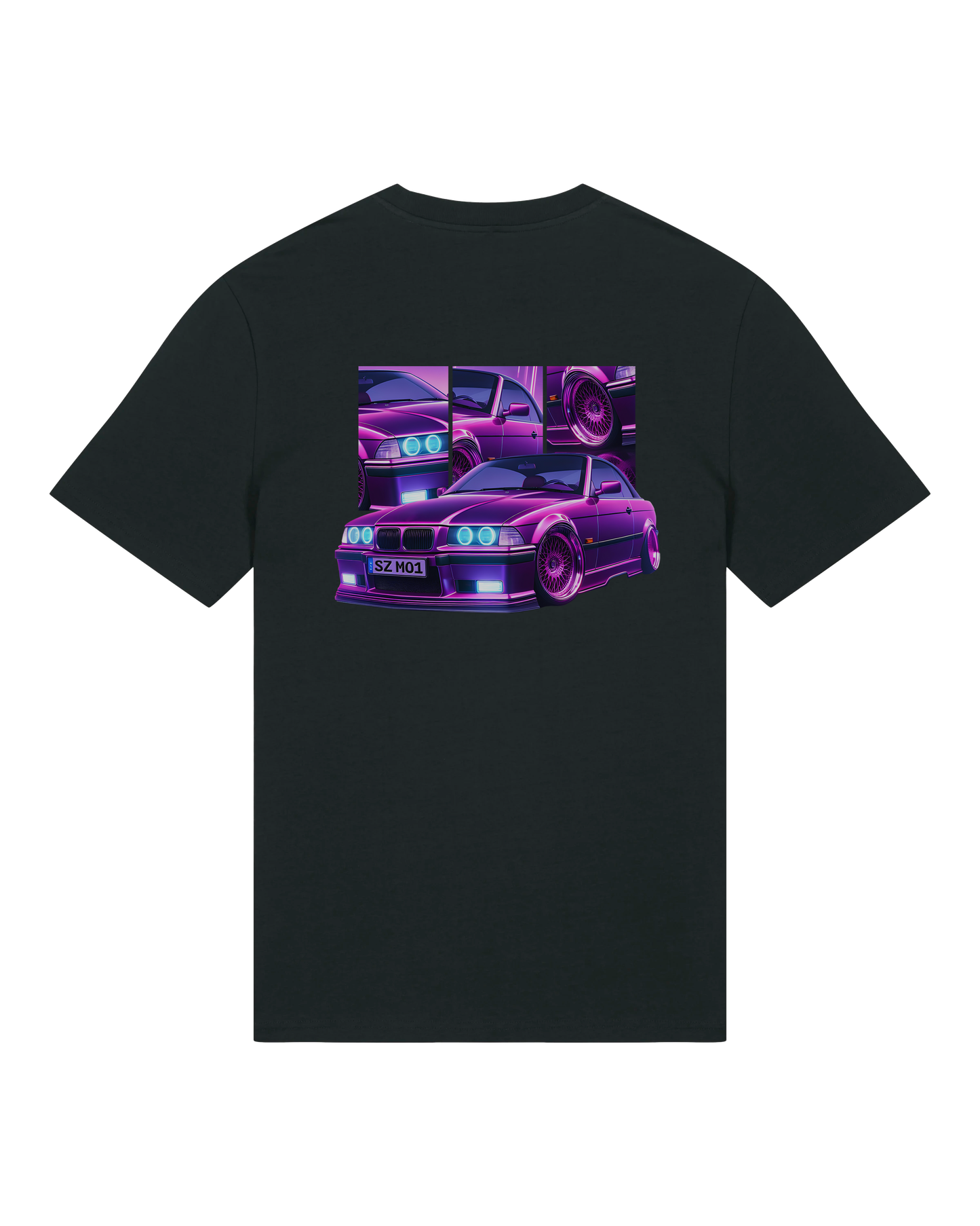 SZMO E36 Cabrio T-Shirt Violett Youngtimer Tuning Mode Rückansicht Detail