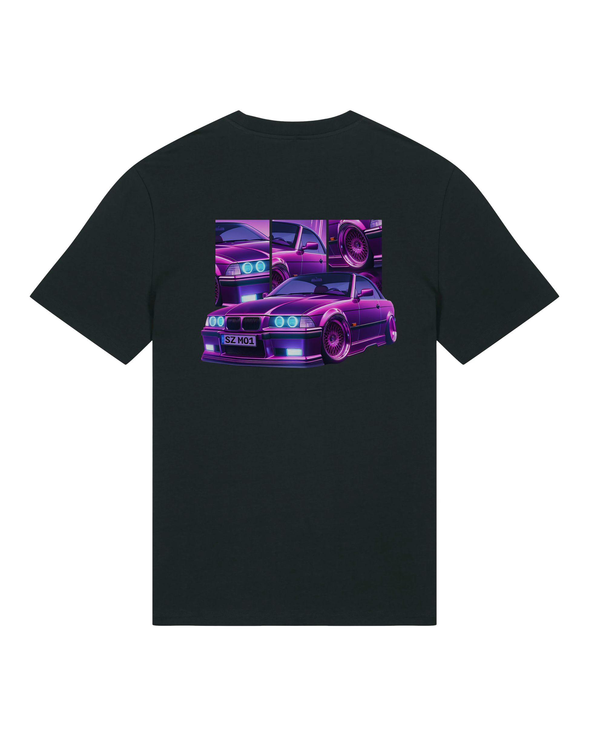 SZMO E36 Cabrio T-Shirt Violett Youngtimer Tuning Mode Rückansicht Detail