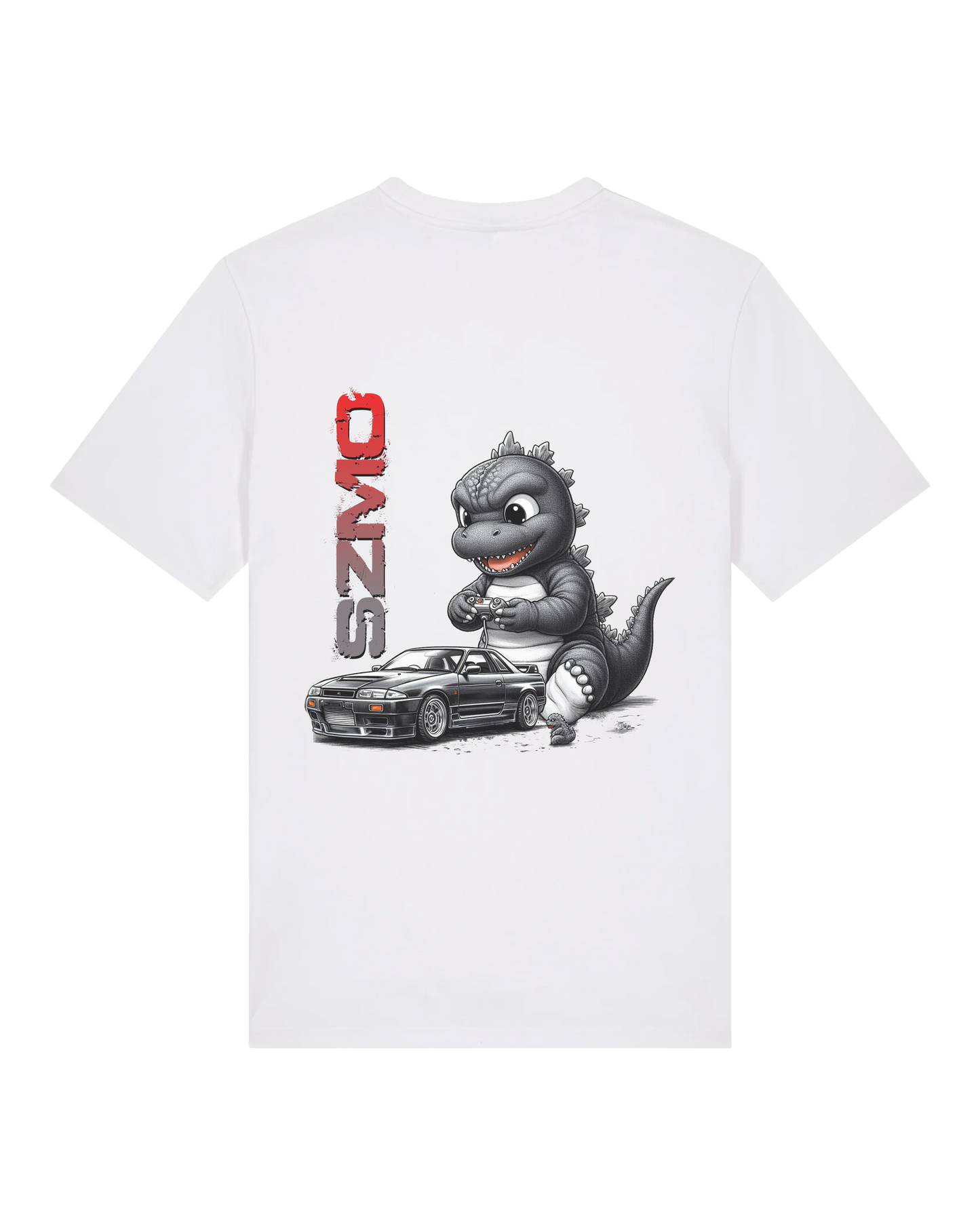 SZMO Baby Godzilla T-Shirt R32 GTR JDM Cartoon Design Rückansicht Detail