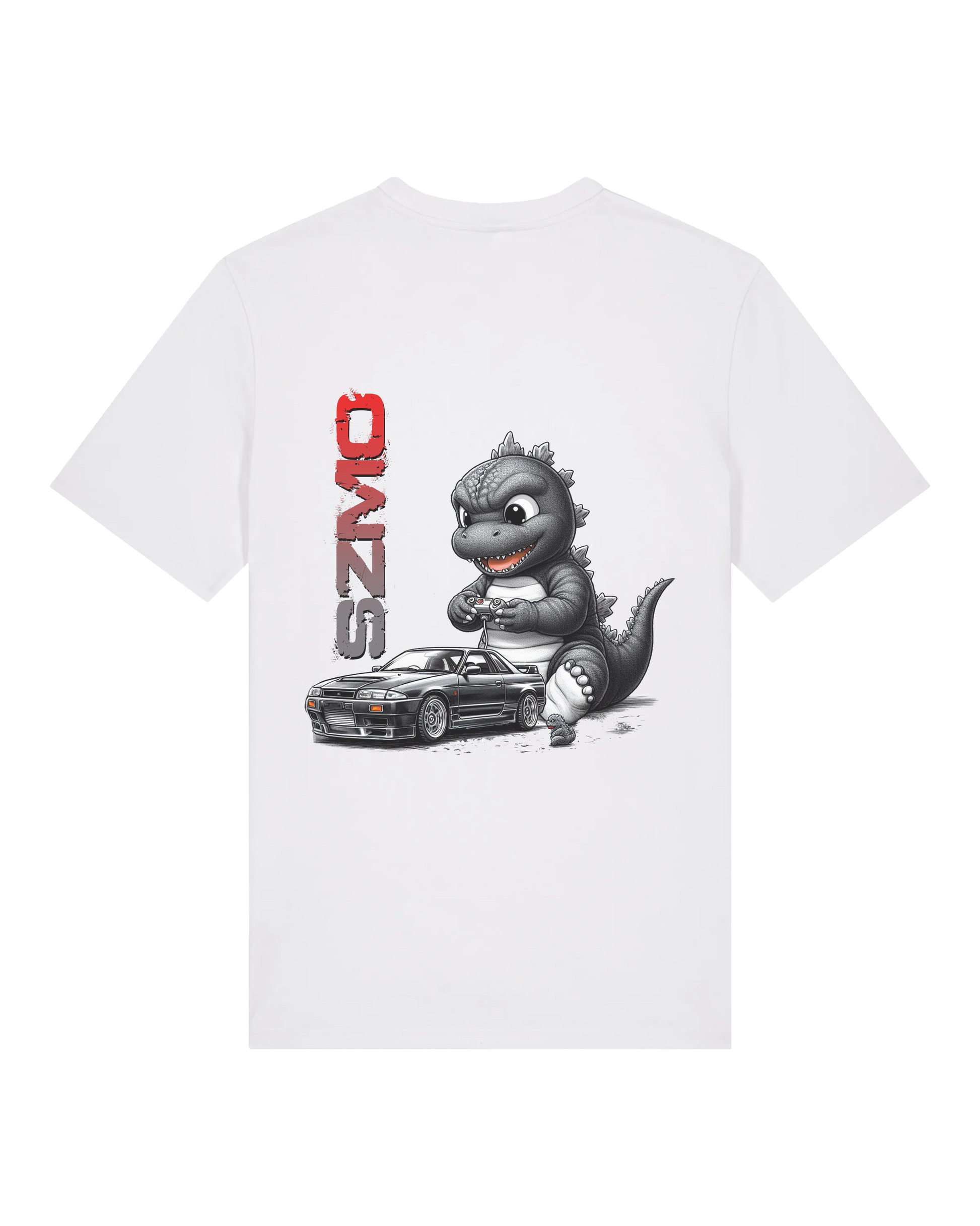 SZMO Baby Godzilla T-Shirt R32 GTR JDM Cartoon Design Rückansicht Detail