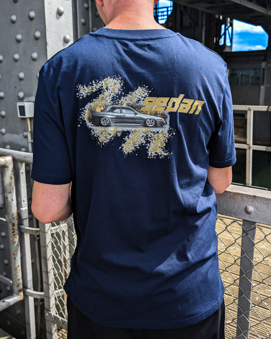 SZMO R32 Skyline Sedan T-Shirt Blau JDM Klassiker Rückansicht