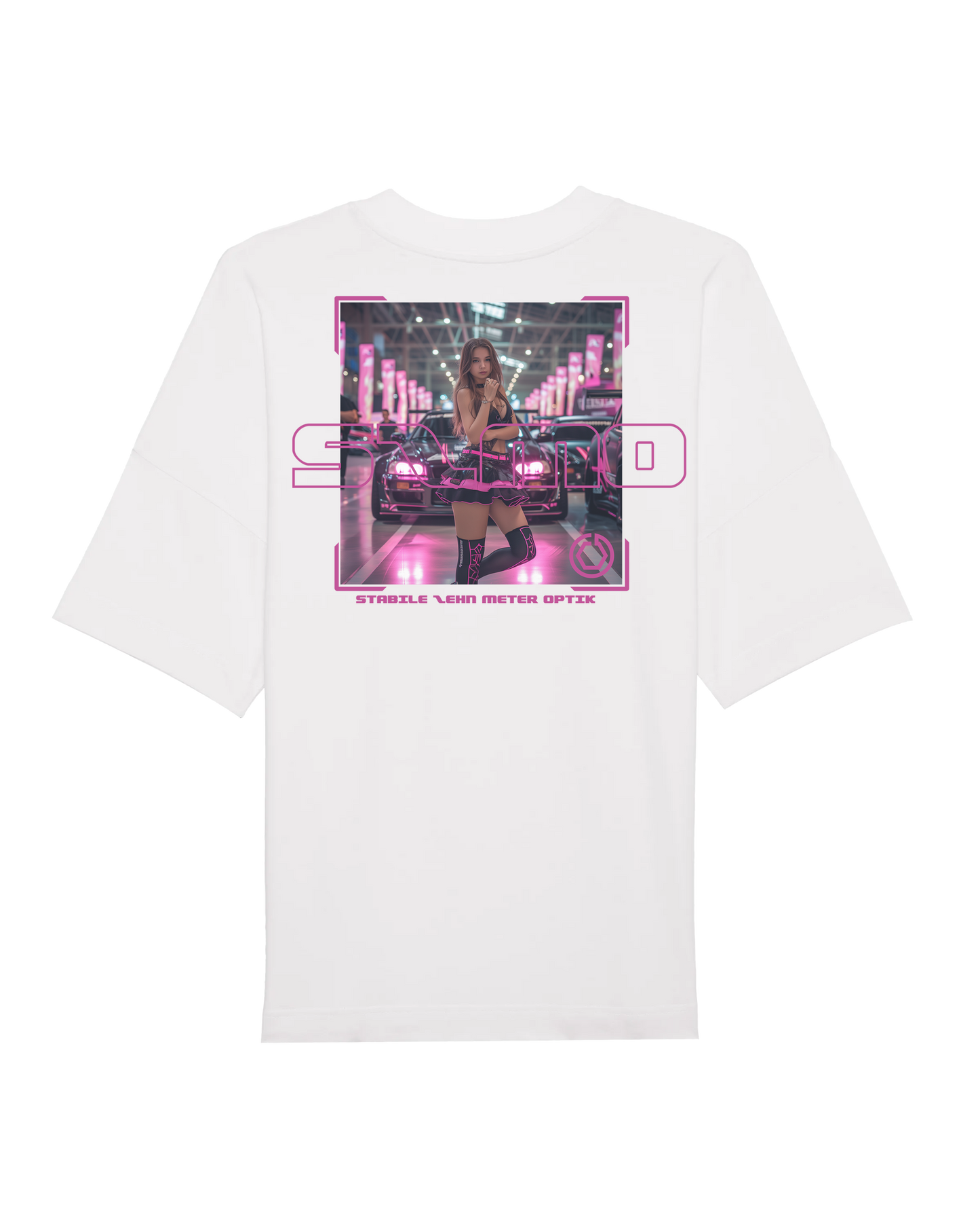 SZMO R34 Skyline T-Shirt Weiß Pink Oversize JDM Streetwear Rückansicht Detail