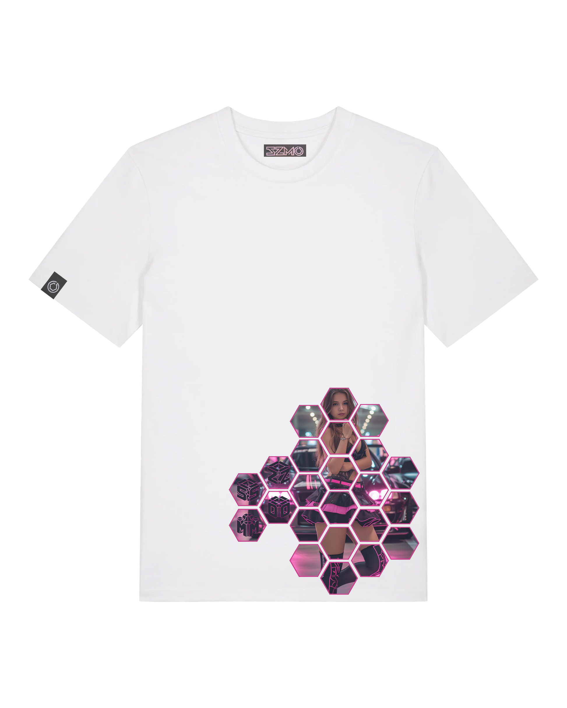 SZMO R34 Skyline T-Shirt Weiß Pink JDM Streetwear Vorderansicht Detail