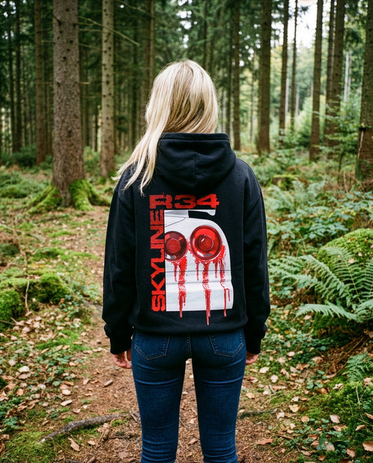 SZMO R34 Skyline Hoodie Schwarz Oversize Heavy Cotton Rückansicht