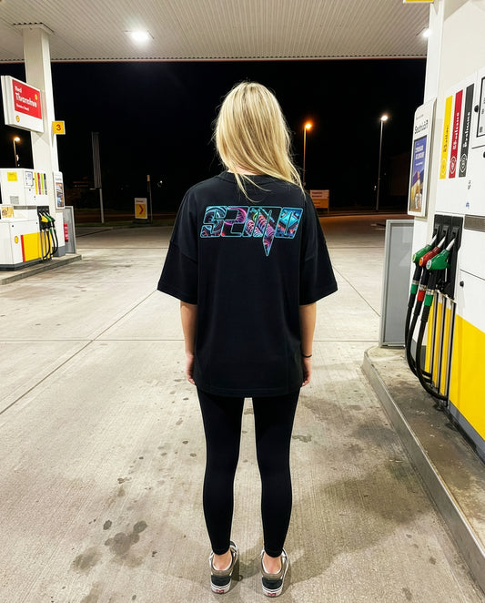 SZMO Neon Logo T-Shirt Schwarz leuchtender Print Oversize Rückansicht