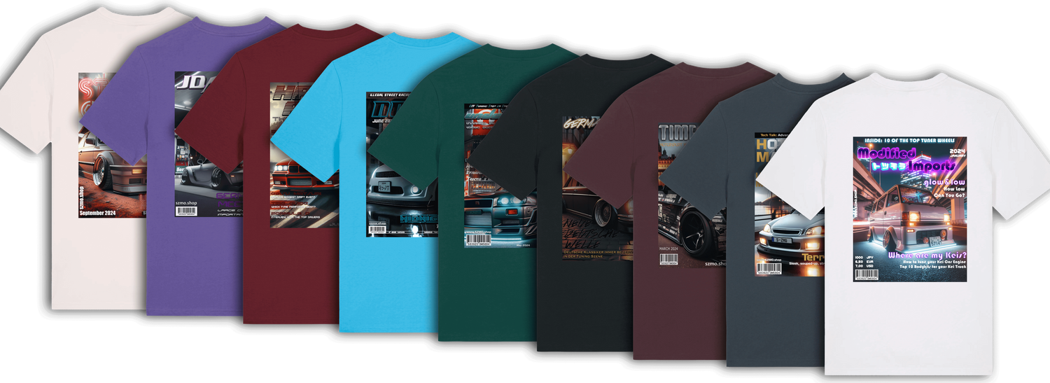 Mockup Bild mit 9 SZMO - Stabile Zehn Meter Optik Collectors Edition T-Shirts