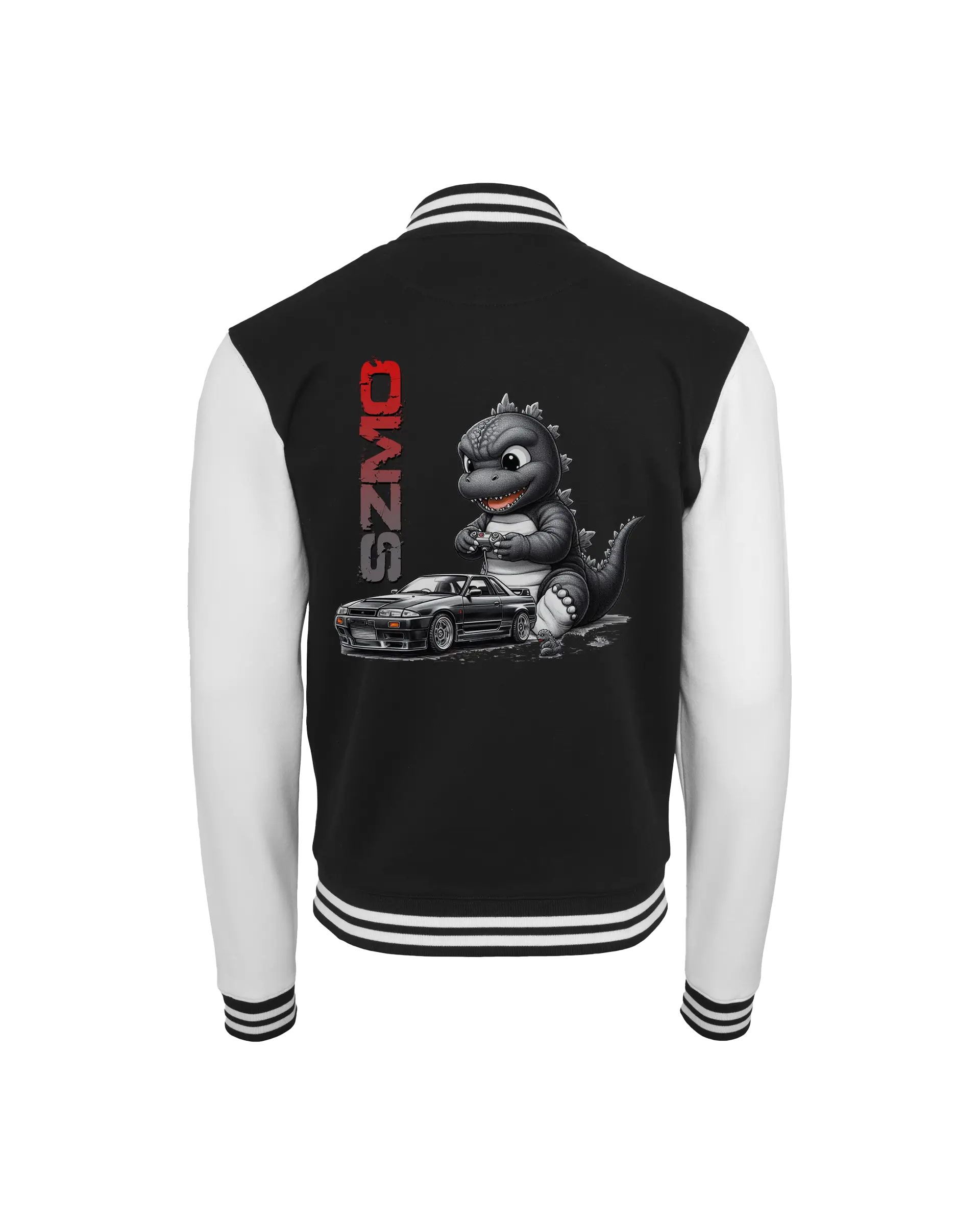 SZMO College Jacke Baby Godzilla JDM Cartoon R32 GTR Varsity Style Rückansicht Detail