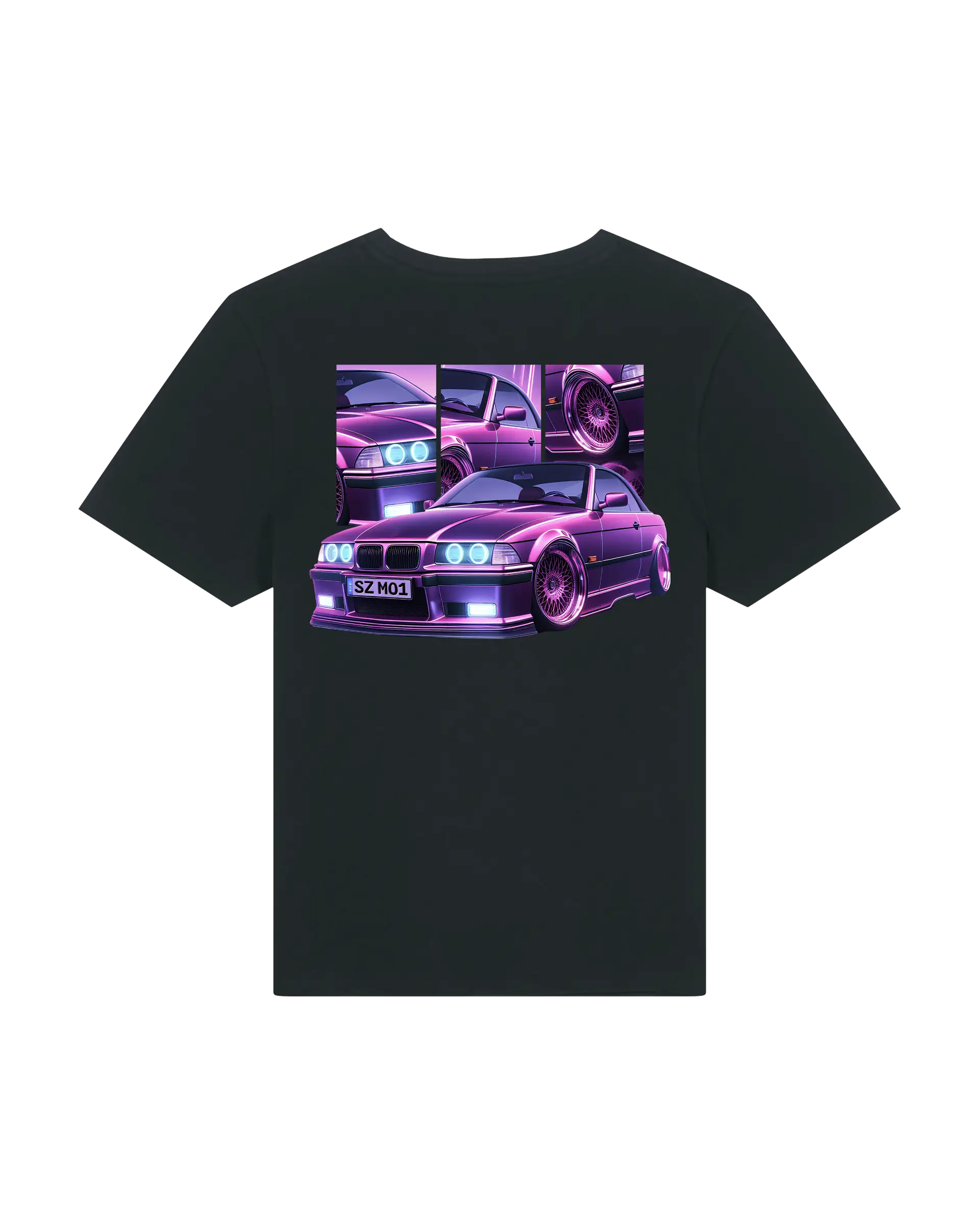 SZMO E36 Cabrio Damen T-Shirt Violett Youngtimer Tuning Mode Rückansicht Detail