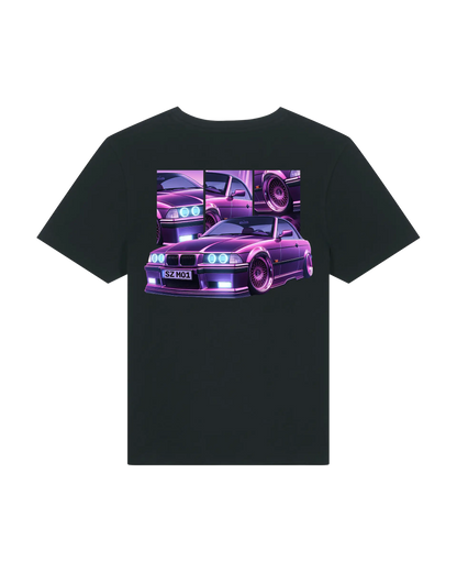 SZMO E36 Cabrio Damen T-Shirt Violett Youngtimer Tuning Mode Rückansicht Detail