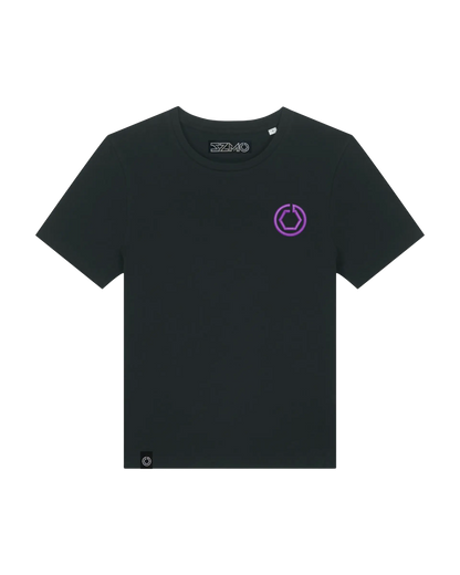 SZMO E36 Cabrio Damen T-Shirt  mit Stick auf der Brust Violett Youngtimer Tuning Mode Vorderansicht Detail