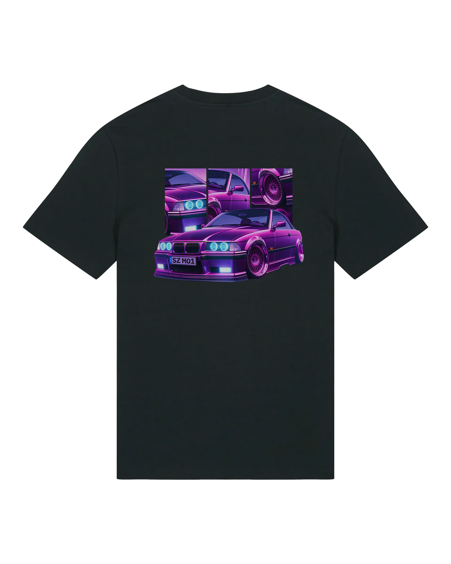 SZMO E36 Cabrio T-Shirt Violett Youngtimer Tuning Mode Rückansicht Detail