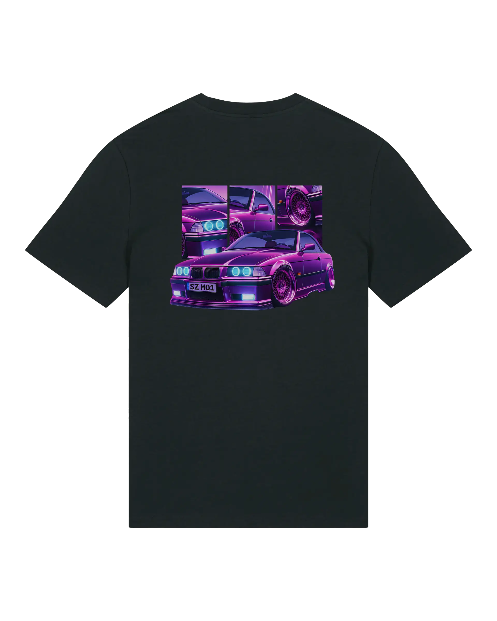 SZMO E36 Cabrio T-Shirt Violett Youngtimer Tuning Mode Rückansicht Detail