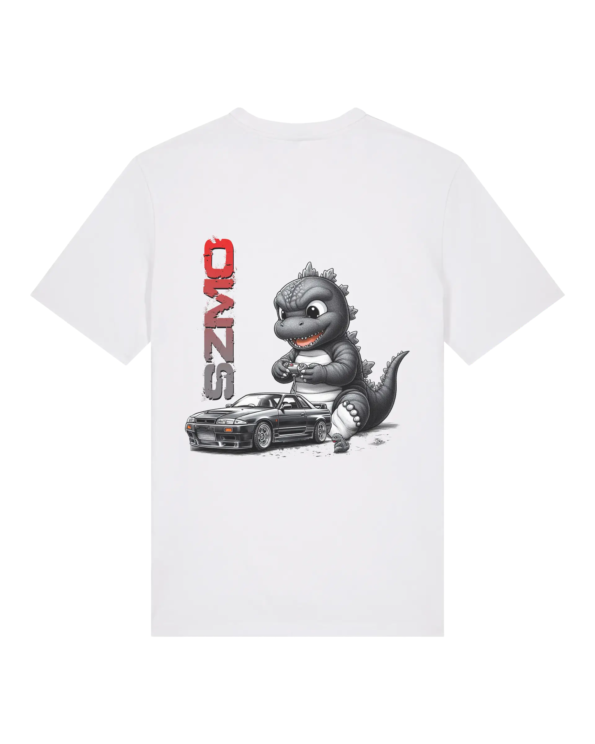 SZMO Baby Godzilla T-Shirt R32 GTR JDM Cartoon Design Rückansicht Detail