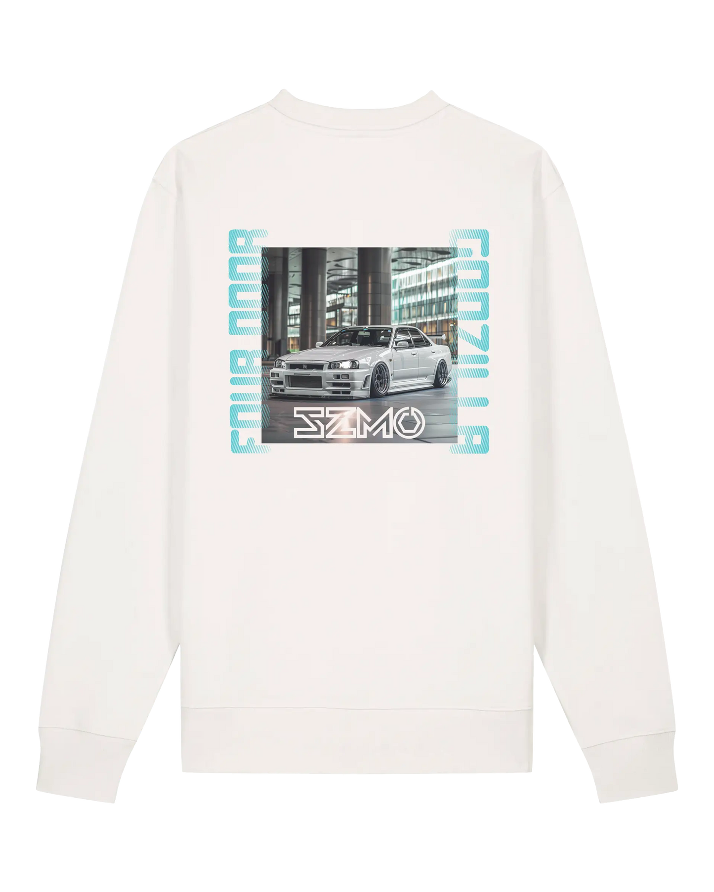 SZMO 4 Door Godzilla Crewneck Pullover Skyline Print Rückansicht Detail
