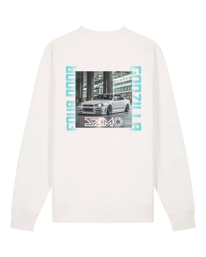 SZMO 4 Door Godzilla Crewneck Pullover Skyline Print Rückansicht Detail