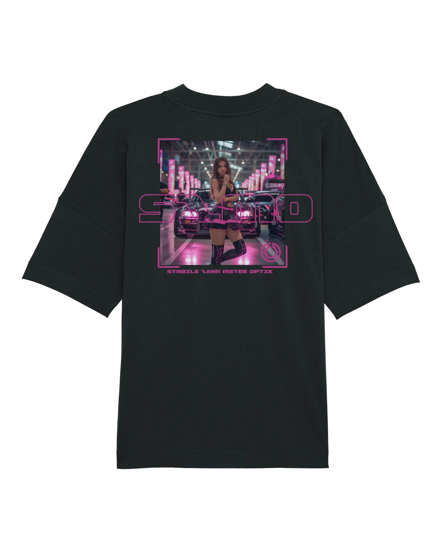 SZMO R34 Skyline T-Shirt Schwarz Pink Oversize JDM Streetwear Rückansicht Detail