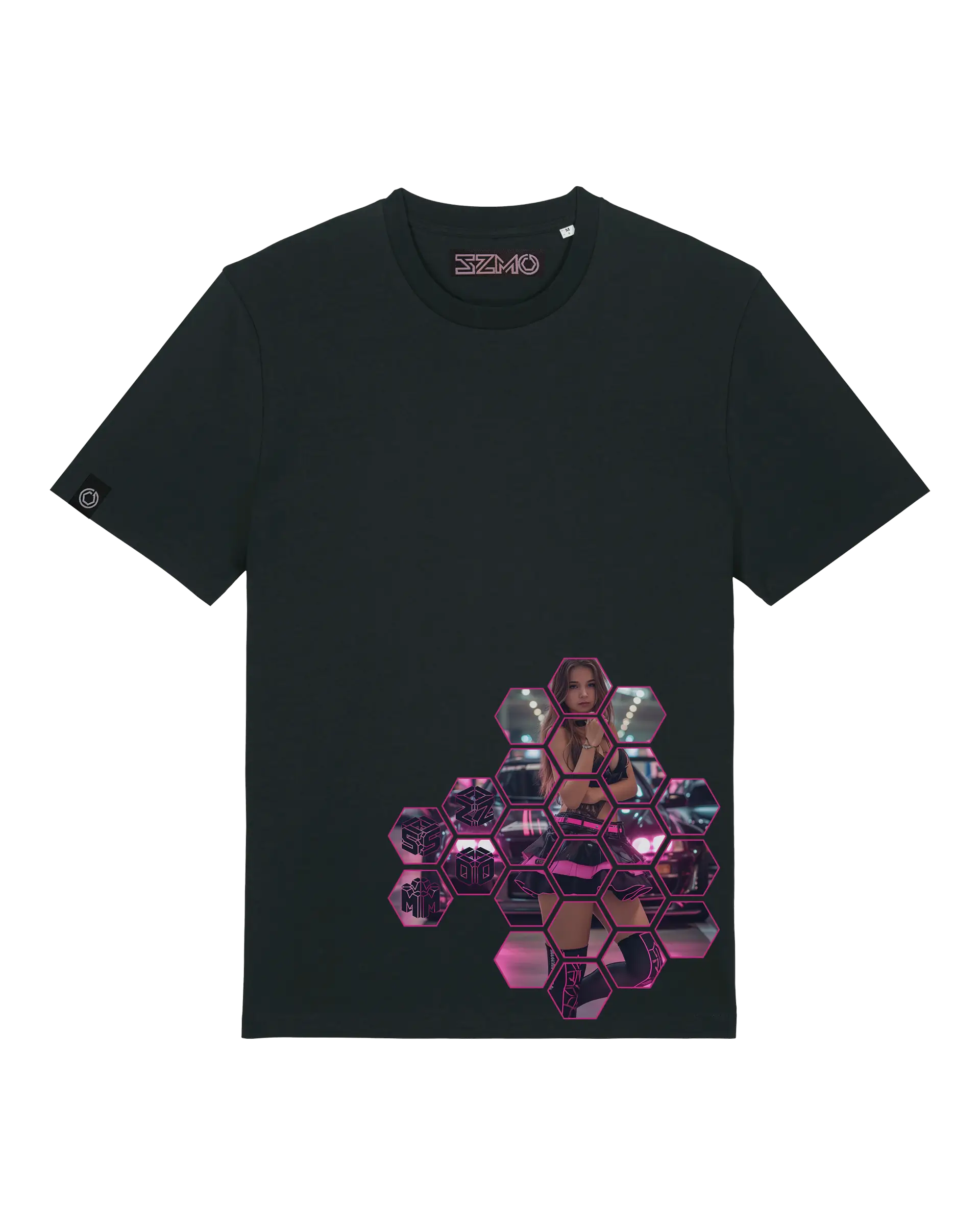 SZMO R34 Skyline T-Shirt Schwarz Pink  JDM Streetwear Vorderansicht Detail