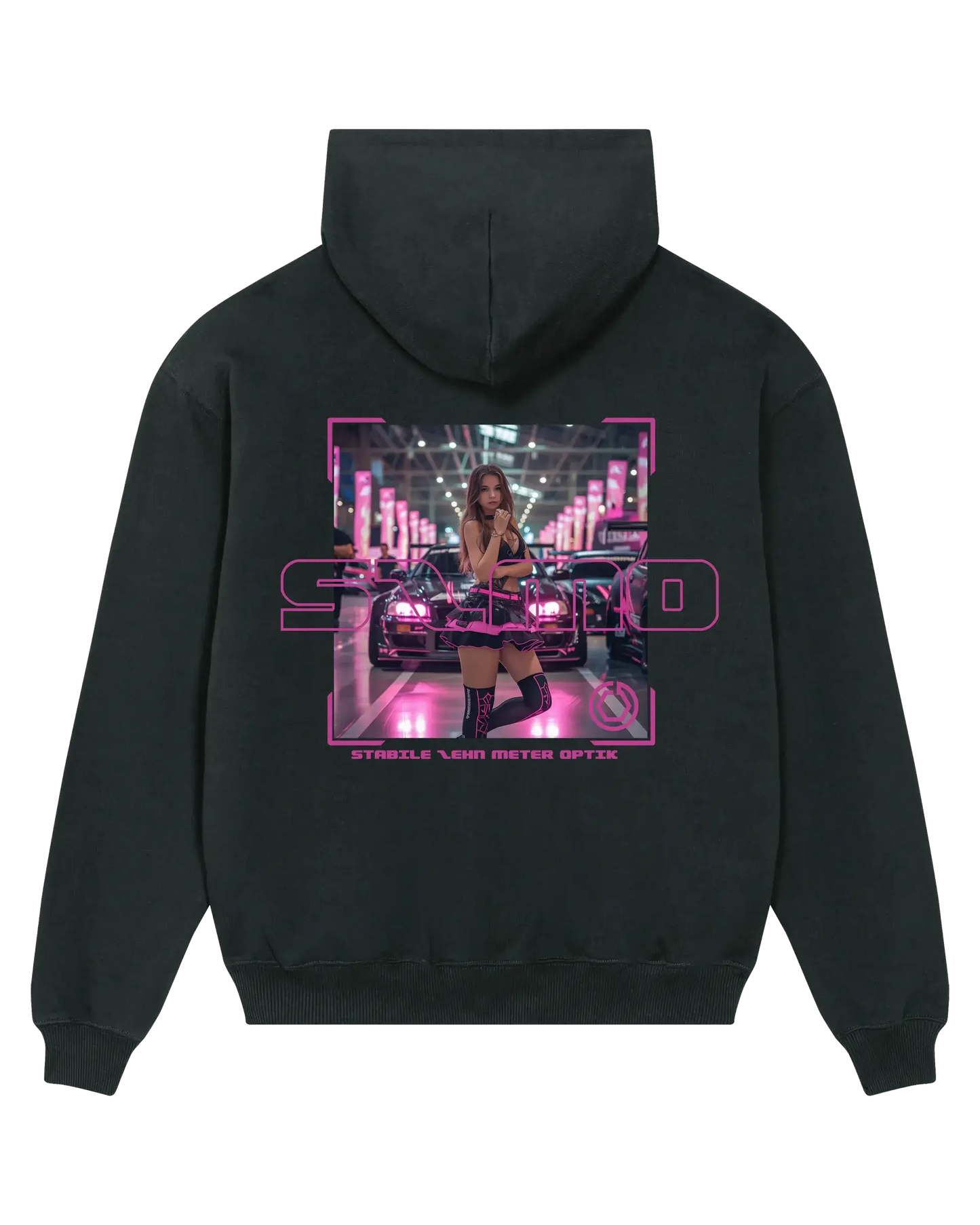 SZMO R34 Skyline Oversize Hoodie Pink Print Schwarz Rückansicht Detail