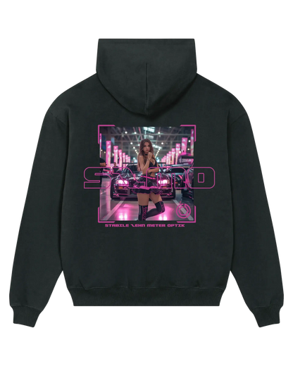 SZMO R34 Skyline Oversize Hoodie Pink Print Schwarz Rückansicht Detail
