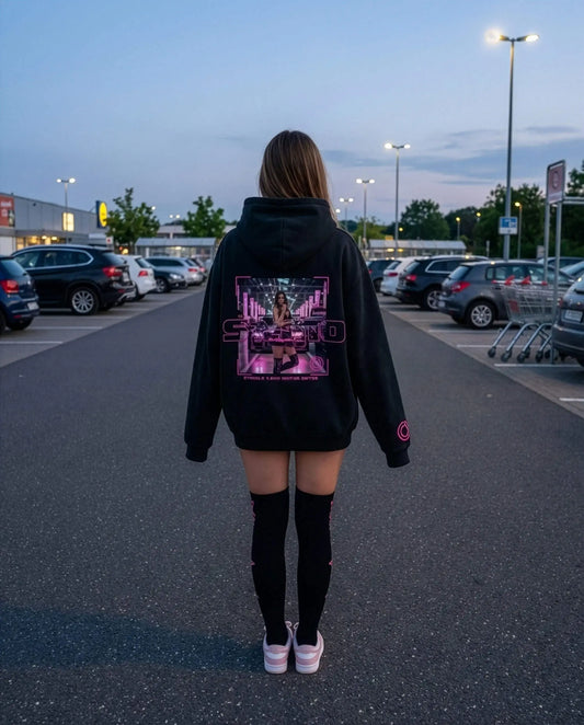 SZMO R34 Skyline Oversize Hoodie Pink Print Schwarz Rückansicht