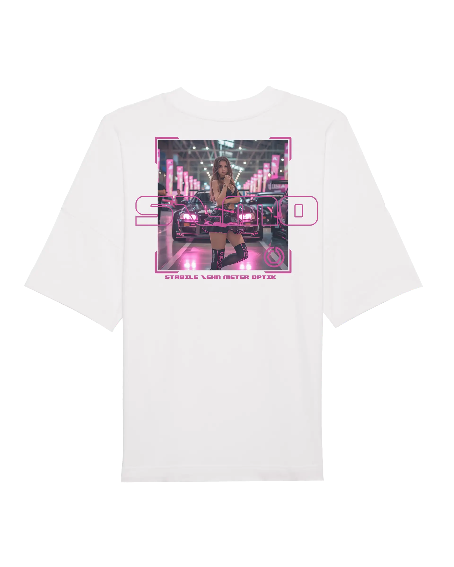 SZMO R34 Skyline T-Shirt Weiß Pink Oversize JDM Streetwear Rückansicht Detail