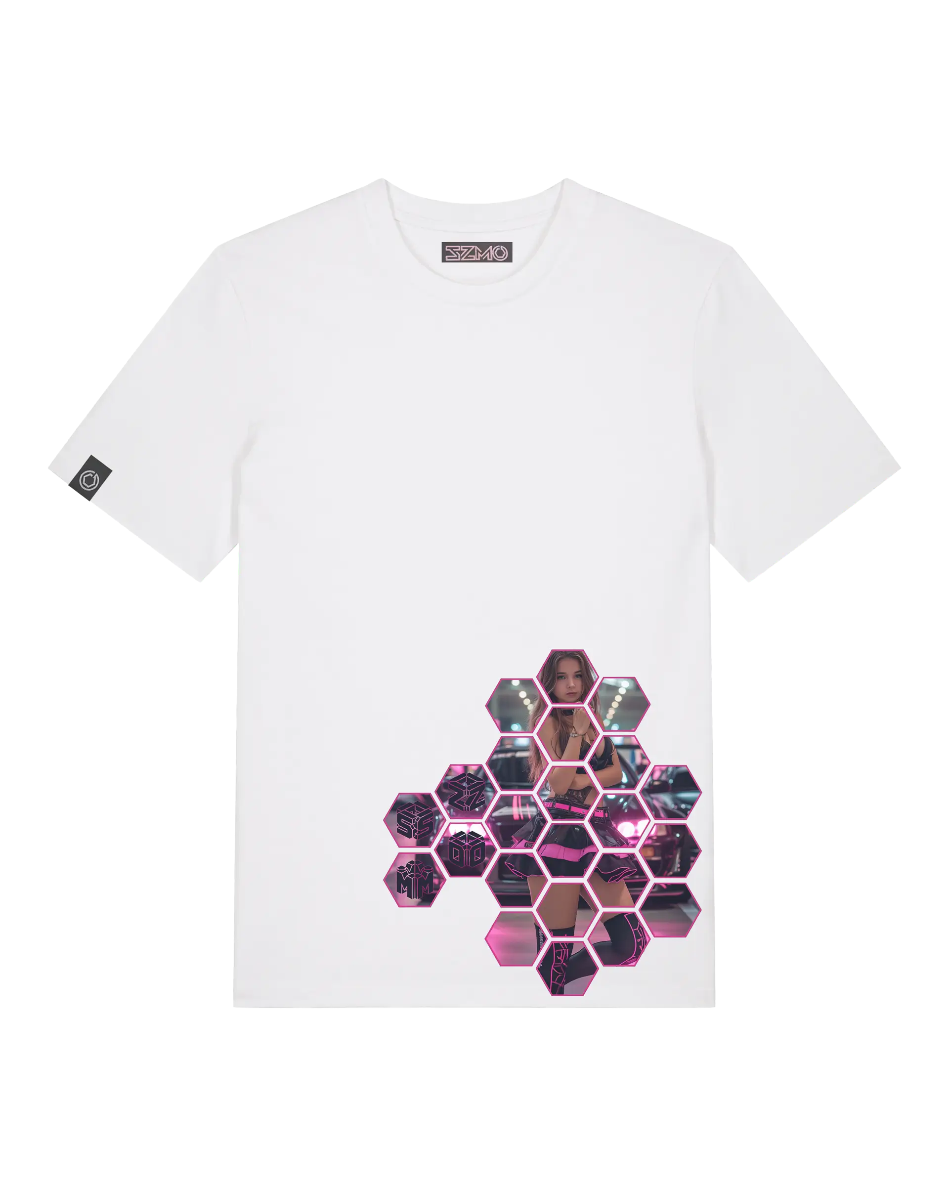 SZMO R34 Skyline T-Shirt Weiß Pink JDM Streetwear Vorderansicht Detail