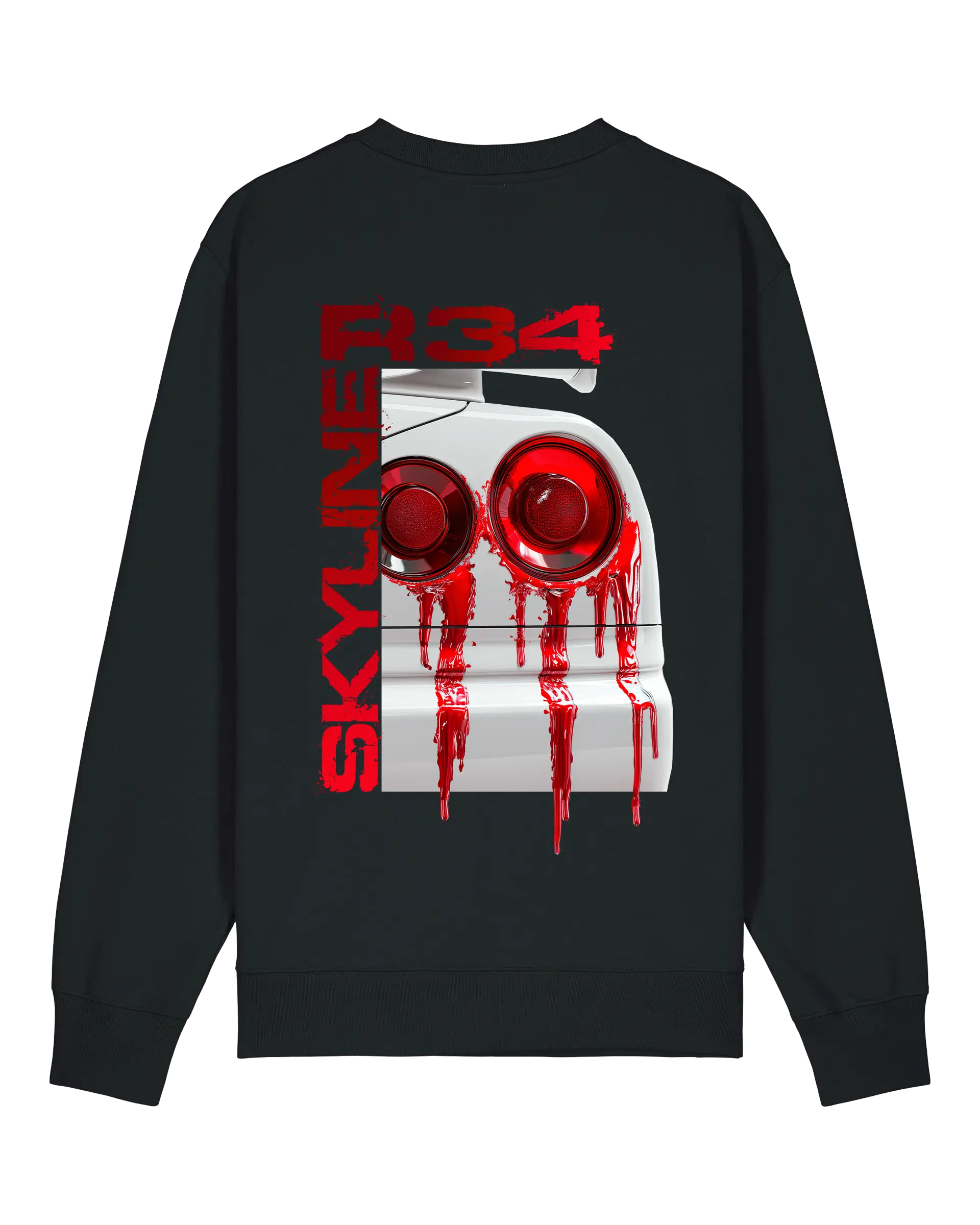 SZMO R34 Rückleuchten Pullover Schwarz JDM Streetwear Rückansicht Detail