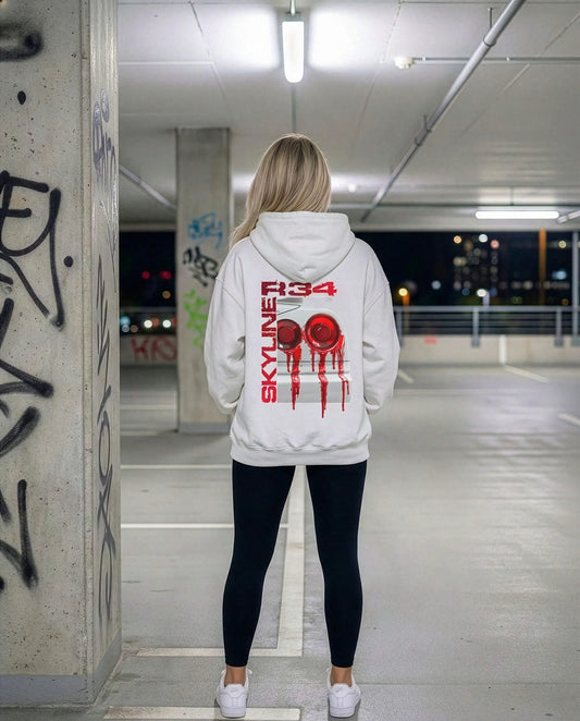 SZMO R34 Rückleuchten Oversize Hoodie Weiß JDM Streetwear Rückansicht