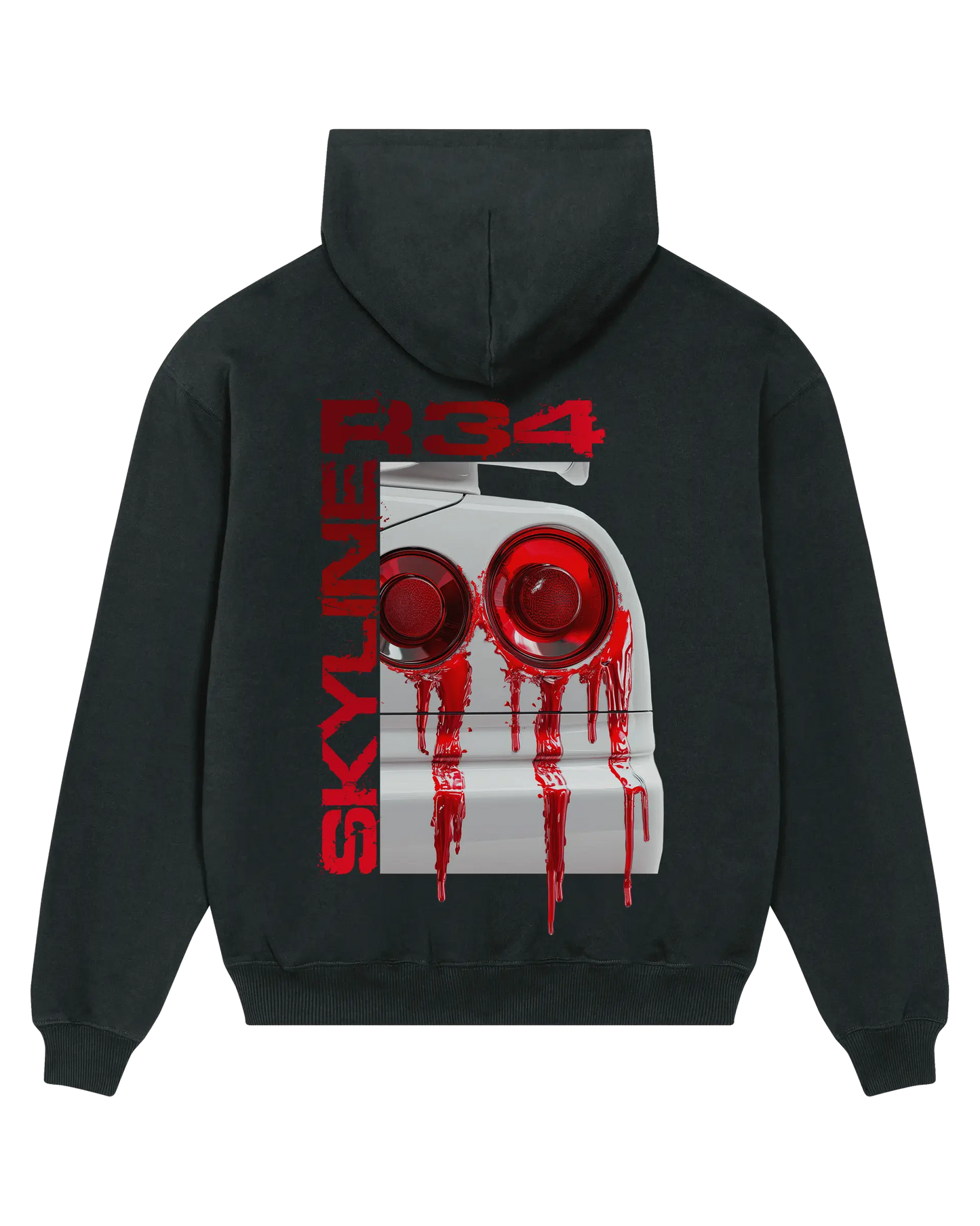 SZMO R34 Skyline Hoodie Schwarz Oversize Heavy Cotton Rückansicht Detail