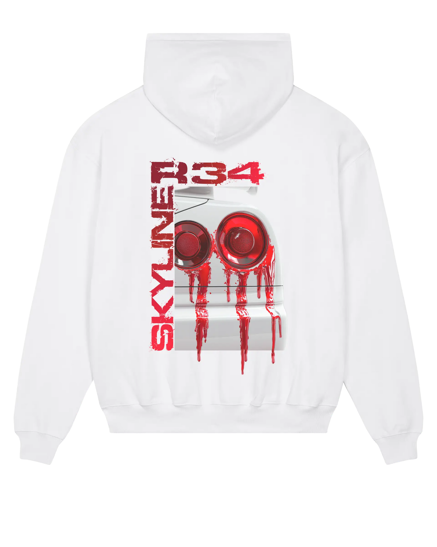 SZMO R34 Rückleuchten Oversize Hoodie Weiß JDM Streetwear Rückansicht Detail