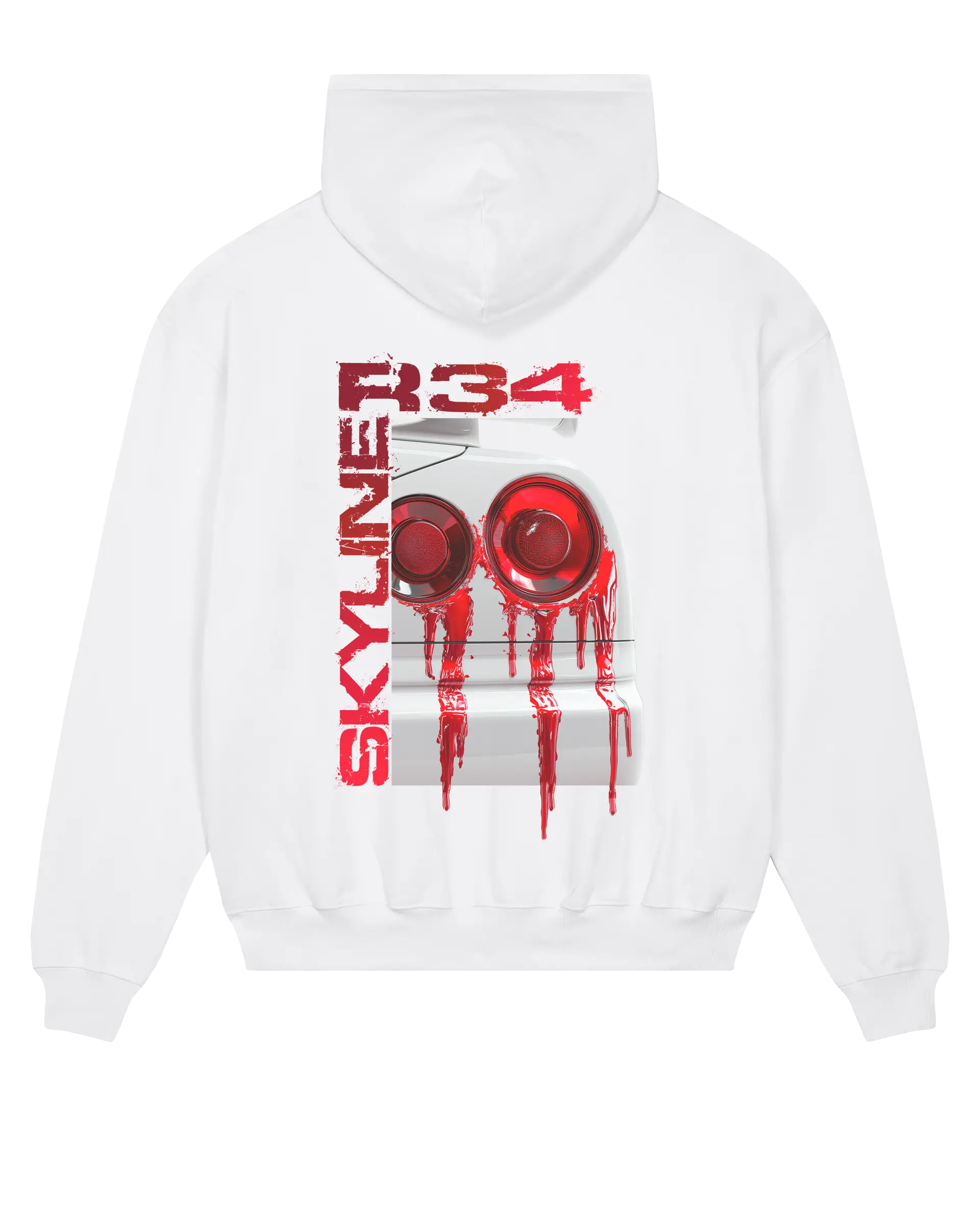 SZMO R34 Rückleuchten Oversize Hoodie Weiß JDM Streetwear Rückansicht Detail