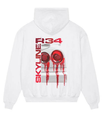 SZMO R34 Rückleuchten Oversize Hoodie Weiß JDM Streetwear Rückansicht Detail
