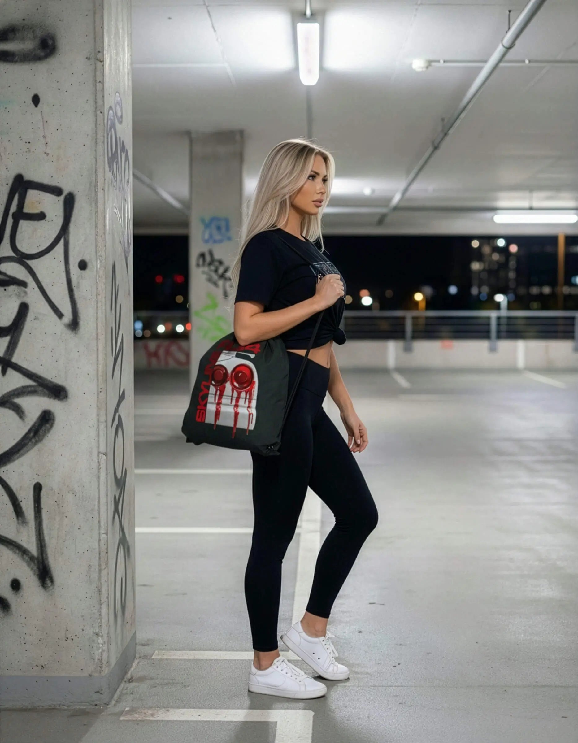 SZMO Turnbeutel Rückentüte R34 Skyline Rückleuchten Design Gymbag Vorderansicht