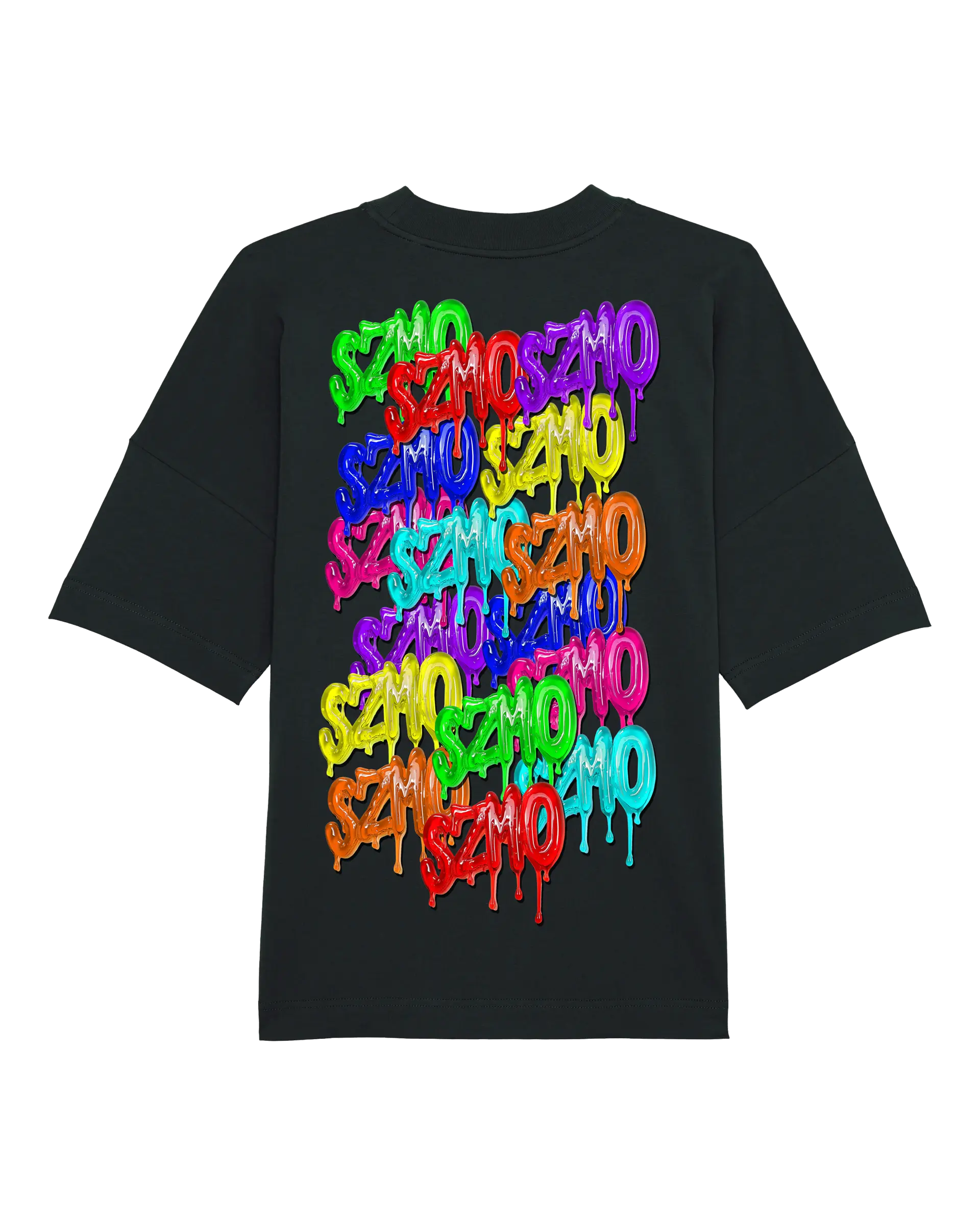 SZMO Logo T-Shirt Schwarz Multicolor Backprint Oversize Rückansicht Detail