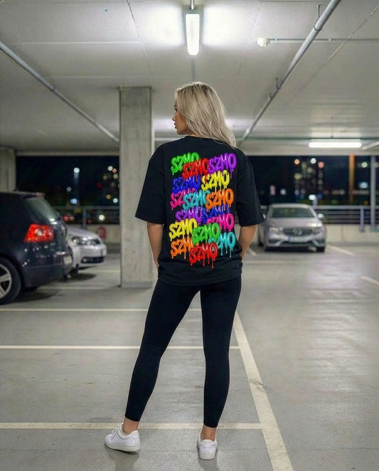 SZMO Logo T-Shirt Schwarz Multicolor Backprint Oversize Rückansicht