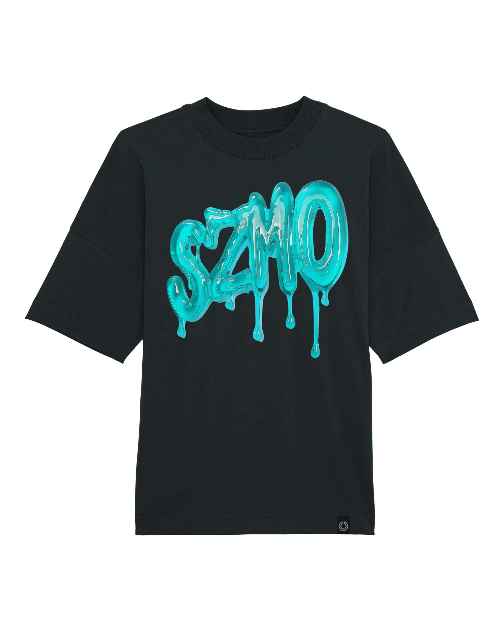 SZMO Logo T-Shirt Schwarz Multicolor Backprint Oversize Vorderansicht Detail