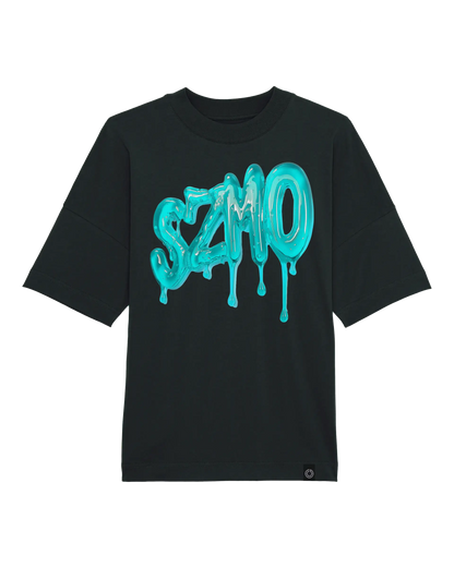 SZMO Logo T-Shirt Schwarz Multicolor Backprint Oversize Vorderansicht Detail