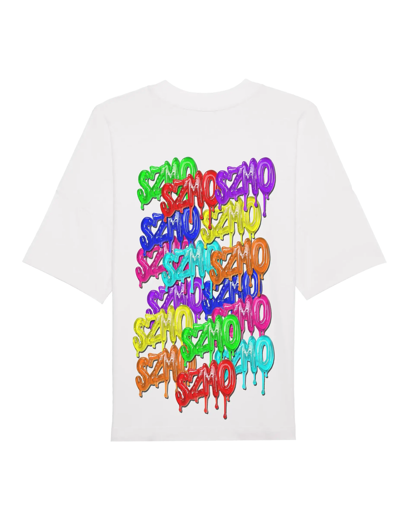 SZMO Logo T-Shirt Weiß Multicolor Backprint Oversize Rückansicht Detail