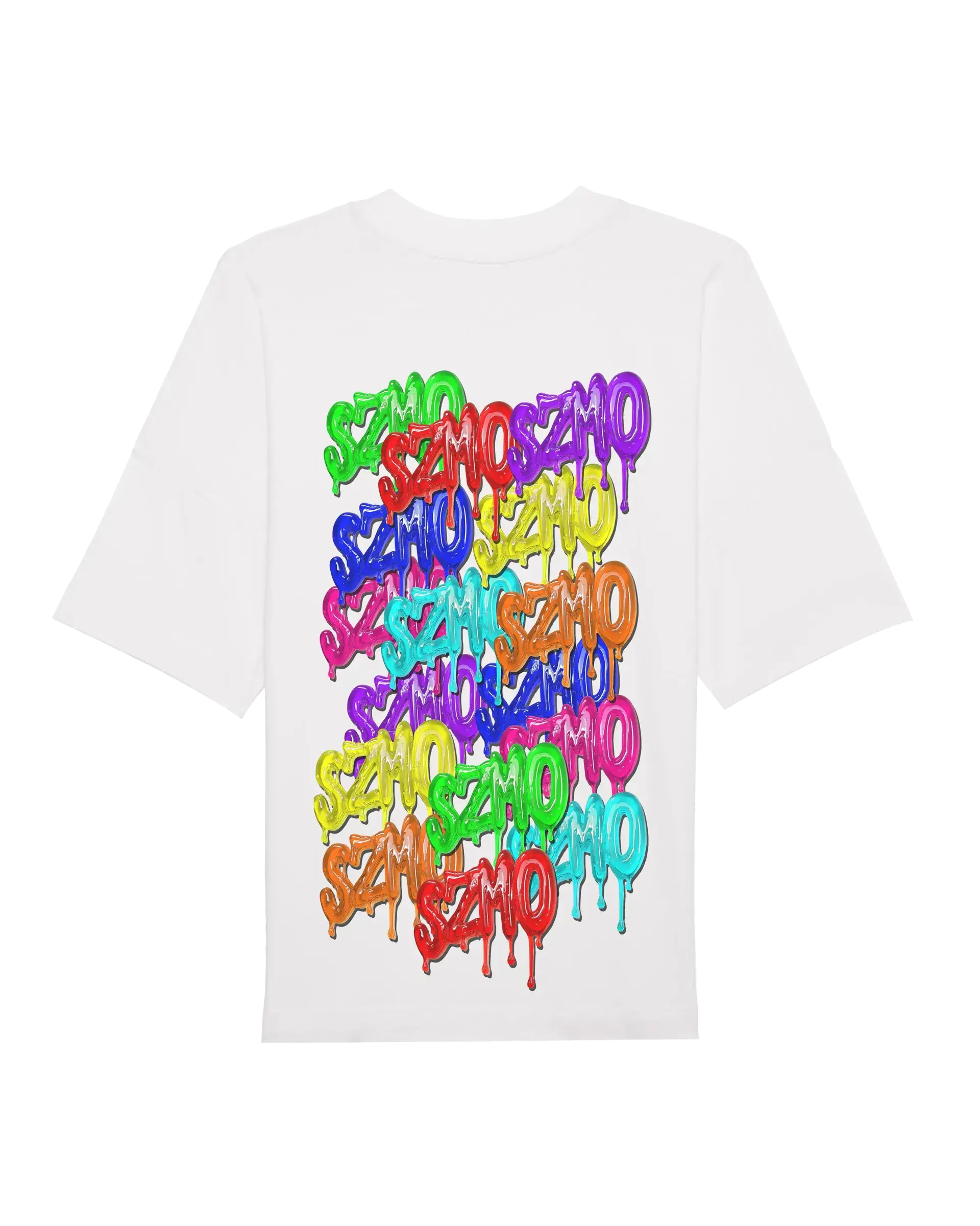 SZMO Logo T-Shirt Weiß Multicolor Backprint Oversize Rückansicht Detail