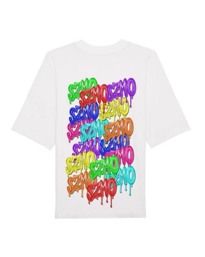 SZMO Logo T-Shirt Weiß Multicolor Backprint Oversize Rückansicht Detail