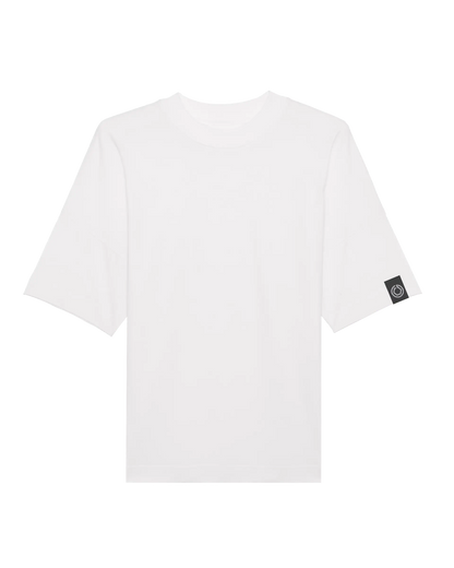 SZMO Logo T-Shirt Weiß Multicolor Backprint Oversize Vorderansicht Detail