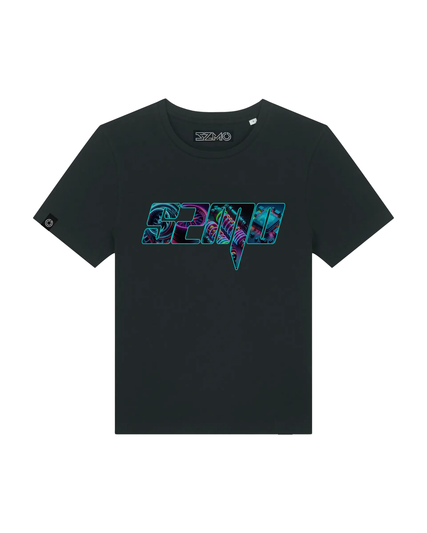 SZMO Neon Logo Damen T-Shirt Schwarz leuchtender Print Cargirl Vorderansicht Detail