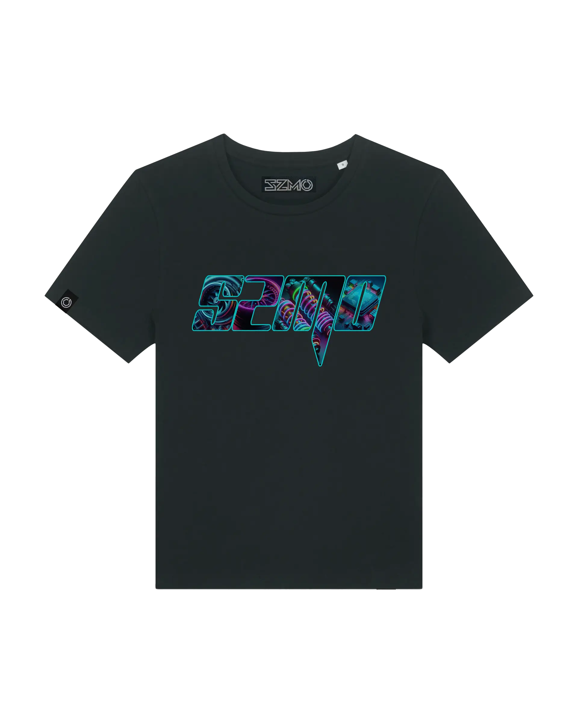 SZMO Neon Logo Damen T-Shirt Schwarz leuchtender Print Cargirl Vorderansicht Detail